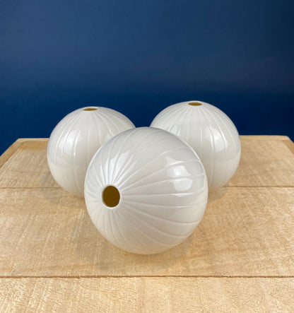 White, Porcelain Modern Vases. Set of Three Sperical Vases with Small Mouths and Fluting. Perfect for Breakfast Tray. Minimal Home Decor. - Tampa Home & Garden Store