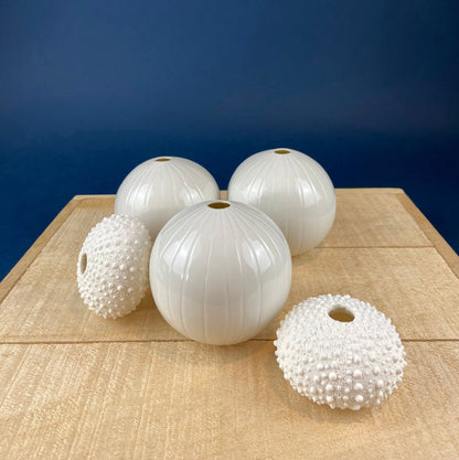 White, Porcelain Modern Vases. Set of Three Sperical Vases with Small Mouths and Fluting. Perfect for Breakfast Tray. Minimal Home Decor. - Tampa Home & Garden Store
