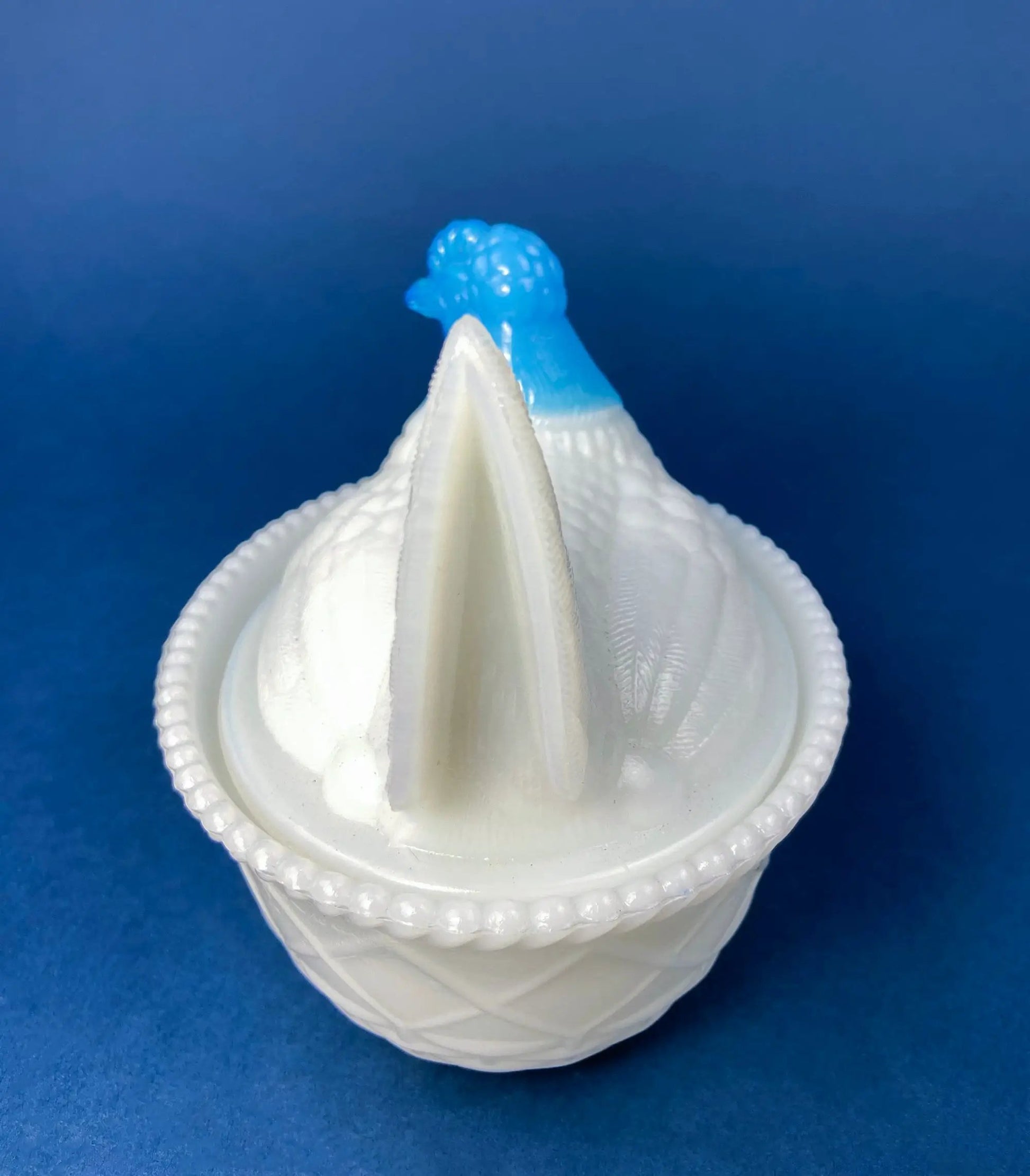 White and Blue Glass Hen in a Basket. Milk Glass Chicken Sitting on Eggs in a Basket. Butter Dish, Storage Bowl with Lid. Collectible Hen. - Tampa Home & Garden Store
