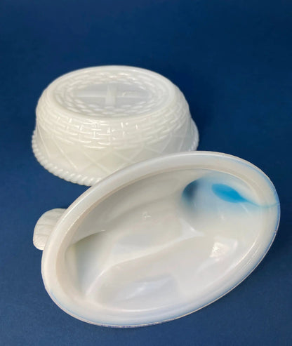 White and Blue Glass Hen in a Basket. Milk Glass Chicken Sitting on Eggs in a Basket. Butter Dish, Storage Bowl with Lid. Collectible Hen. - Tampa Home & Garden Store