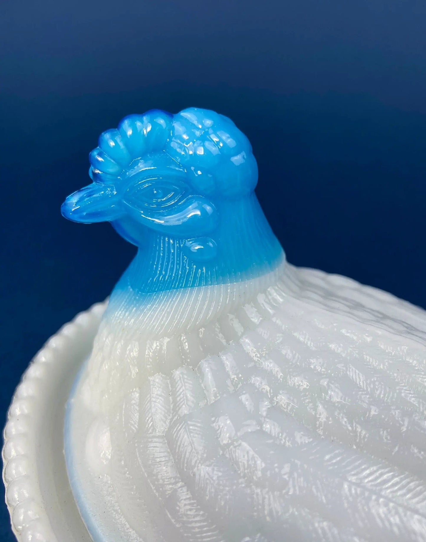 White and Blue Glass Hen in a Basket. Milk Glass Chicken Sitting on Eggs in a Basket. Butter Dish, Storage Bowl with Lid. Collectible Hen. - Tampa Home & Garden Store