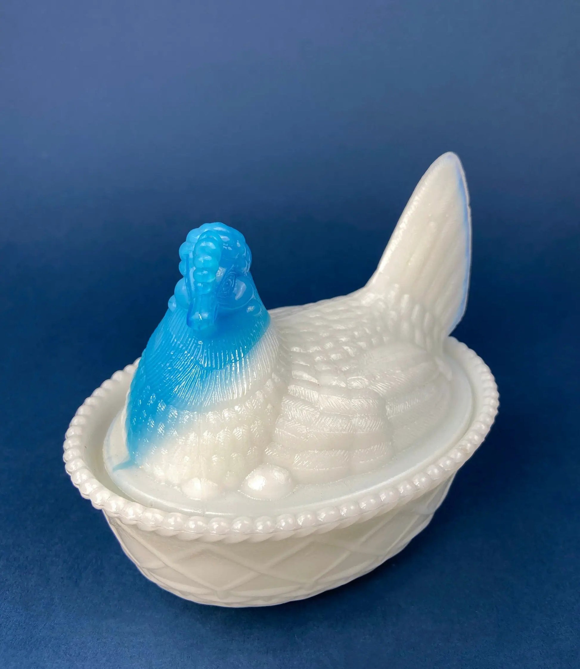 White and Blue Glass Hen in a Basket. Milk Glass Chicken Sitting on Eggs in a Basket. Butter Dish, Storage Bowl with Lid. Collectible Hen. - Tampa Home & Garden Store