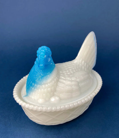 White and Blue Glass Hen in a Basket. Milk Glass Chicken Sitting on Eggs in a Basket. Butter Dish, Storage Bowl with Lid. Collectible Hen. - Tampa Home & Garden Store