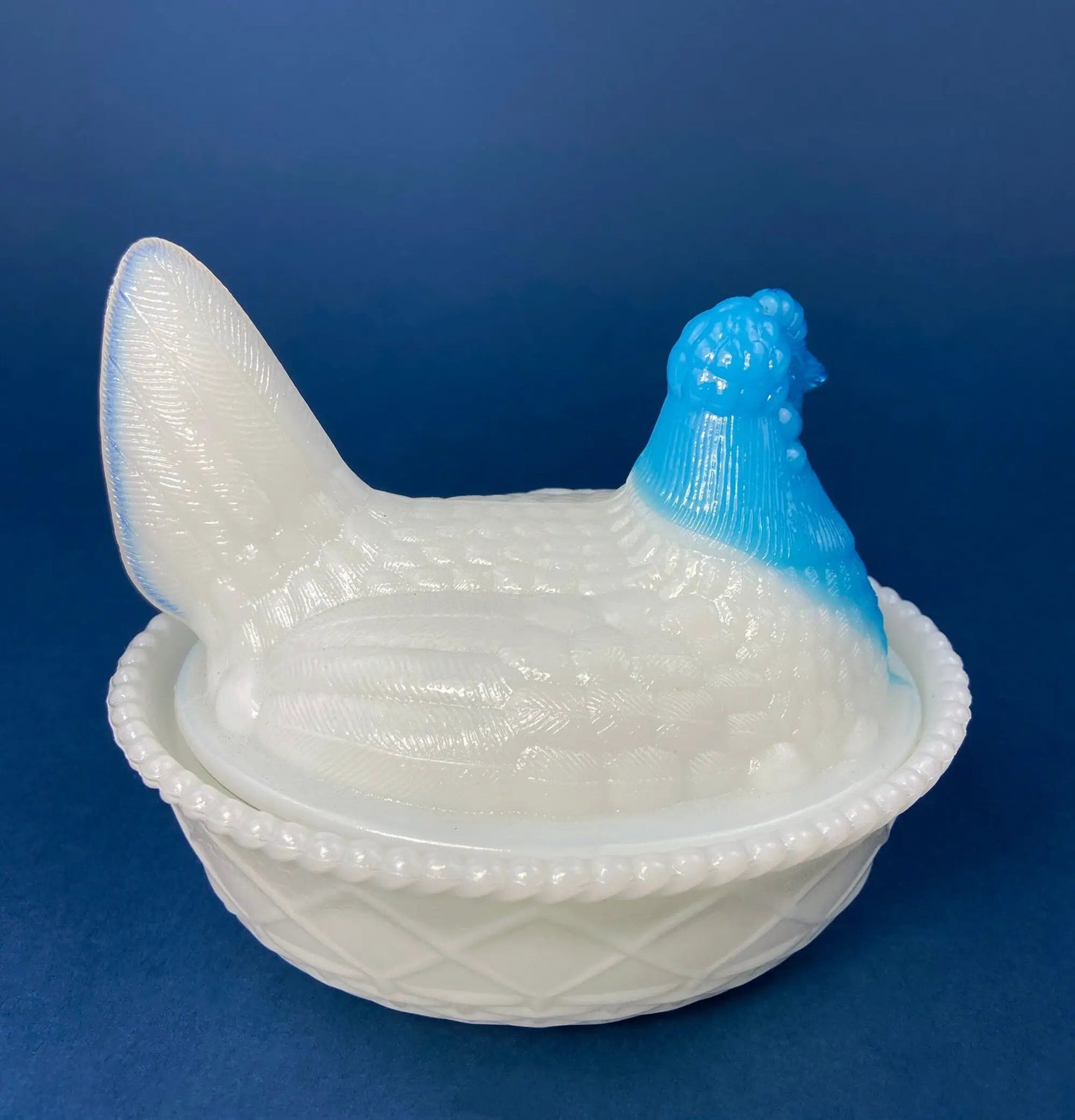 White and Blue Glass Hen in a Basket. Milk Glass Chicken Sitting on Eggs in a Basket. Butter Dish, Storage Bowl with Lid. Collectible Hen. - Tampa Home & Garden Store