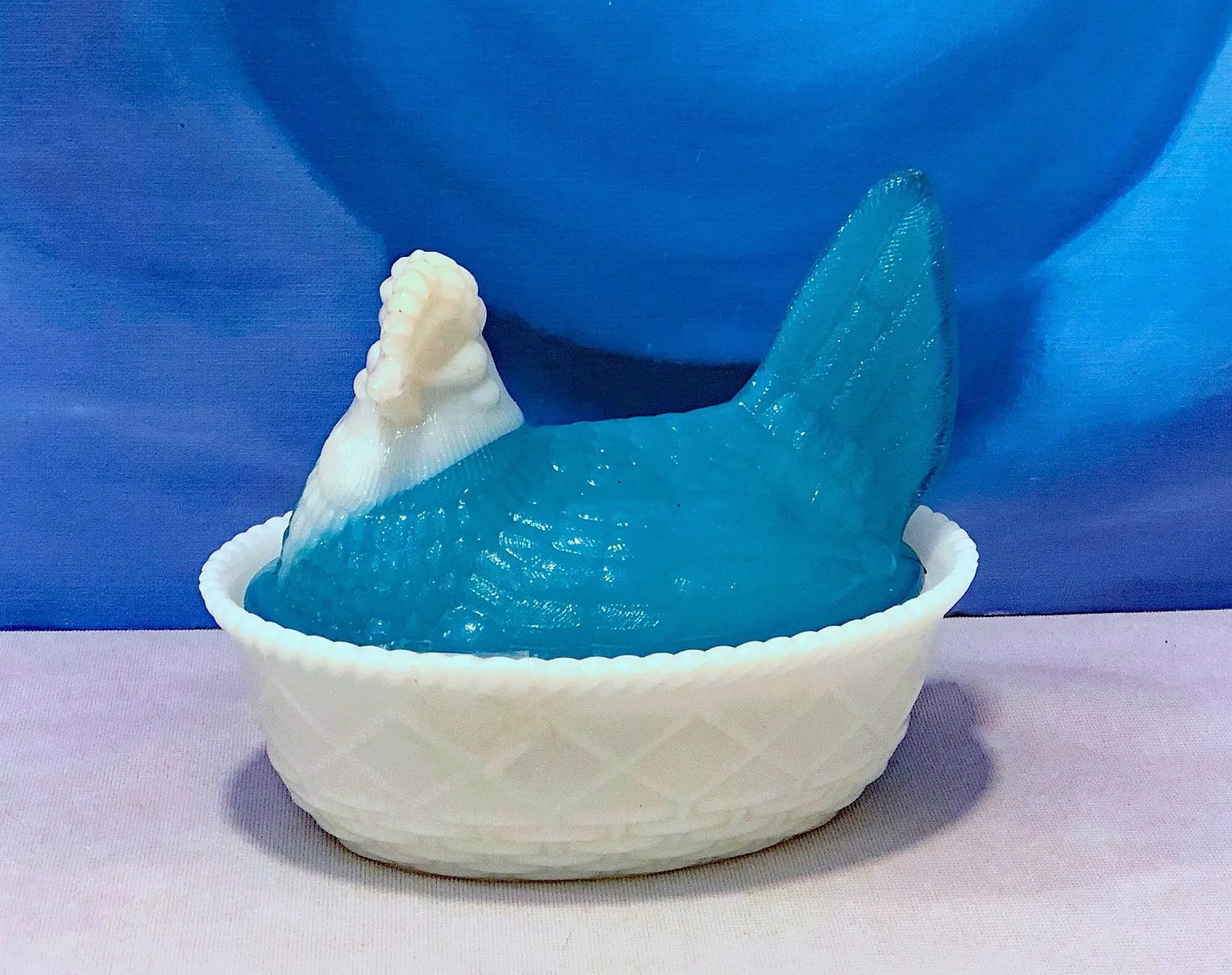 White and Blue Glass Hen in a Basket. Milk Glass Chicken Sitting on Eggs in a Basket. Butter Dish, Storage Bowl with Lid. Collectible Hen. - Tampa Home & Garden Store