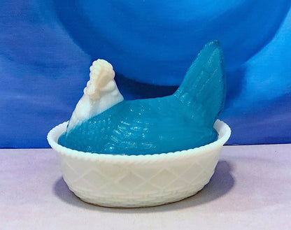 White and Blue Glass Hen in a Basket. Milk Glass Chicken Sitting on Eggs in a Basket. Butter Dish, Storage Bowl with Lid. Collectible Hen. - Tampa Home & Garden Store