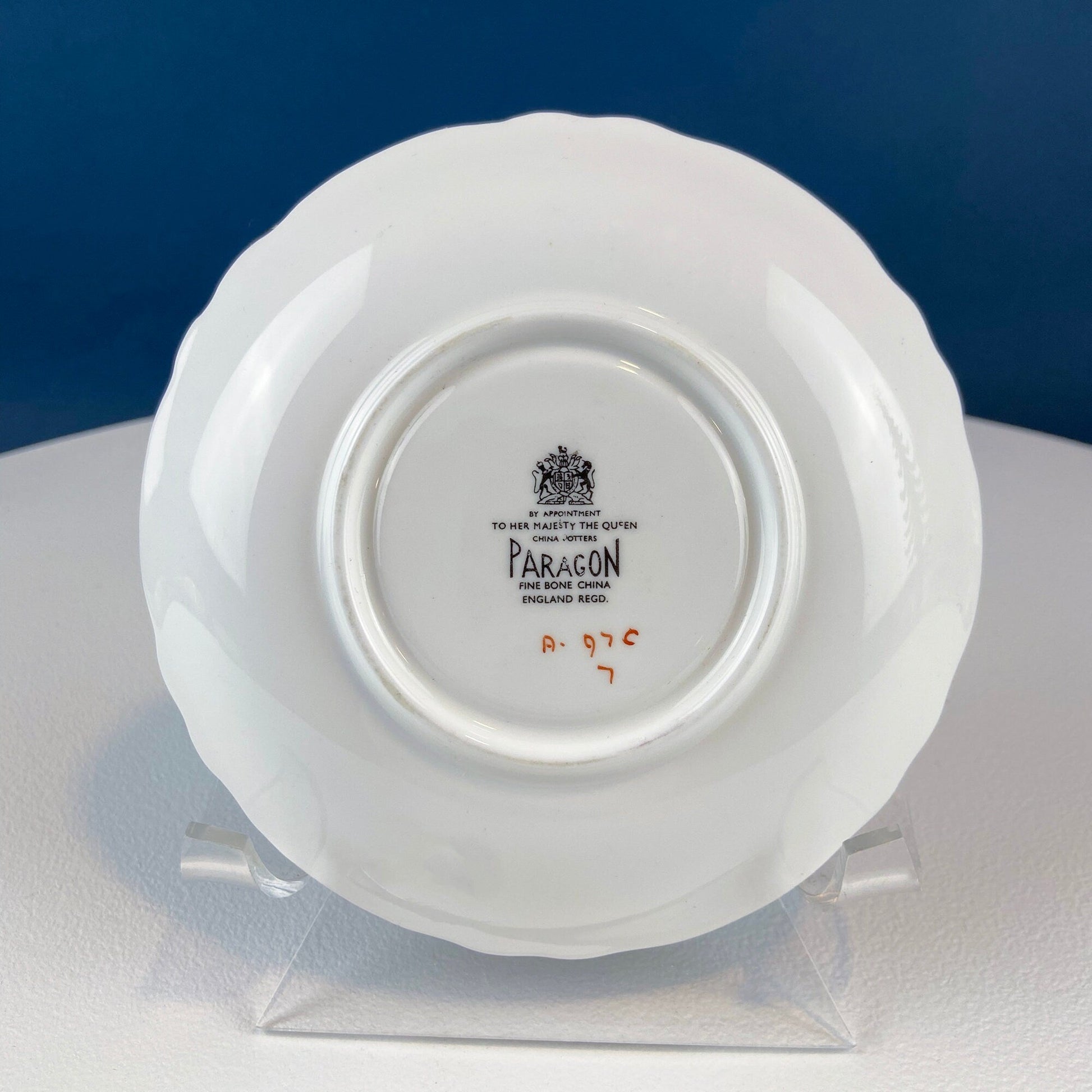 White and Gold Cup and Saucer. Paragon Porcelain, By Appointment to Her Majesty the Queen Potters. Dining Room Cabinet Display. - Tampa Home & Garden Store