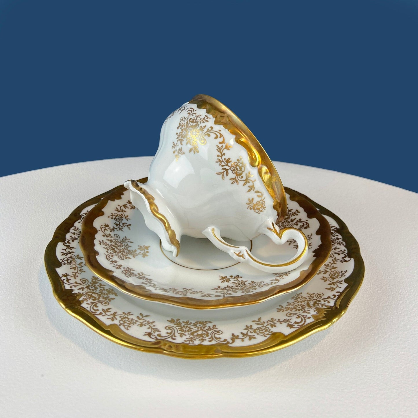 White and Gold Cup and Saucer. Paragon Porcelain, By Appointment to Her Majesty the Queen Potters. Dining Room Cabinet Display. - Tampa Home & Garden Store
