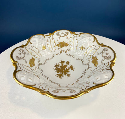 White and Gold Rosenthal Bowl.  Antique Footed Porcelain Serving Dish with Scalloped Rim and Reticulated Motif. Stunning Wedding Gift. - Tampa Home & Garden Store