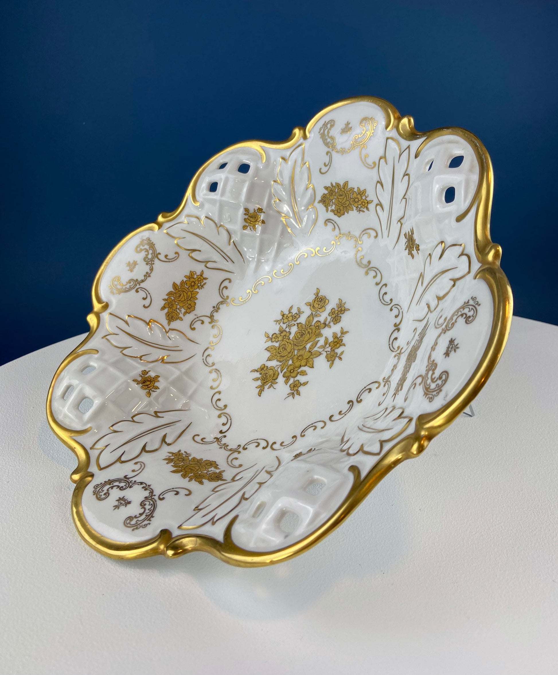 White and Gold Rosenthal Bowl.  Antique Footed Porcelain Serving Dish with Scalloped Rim and Reticulated Motif. Stunning Wedding Gift. - Tampa Home & Garden Store