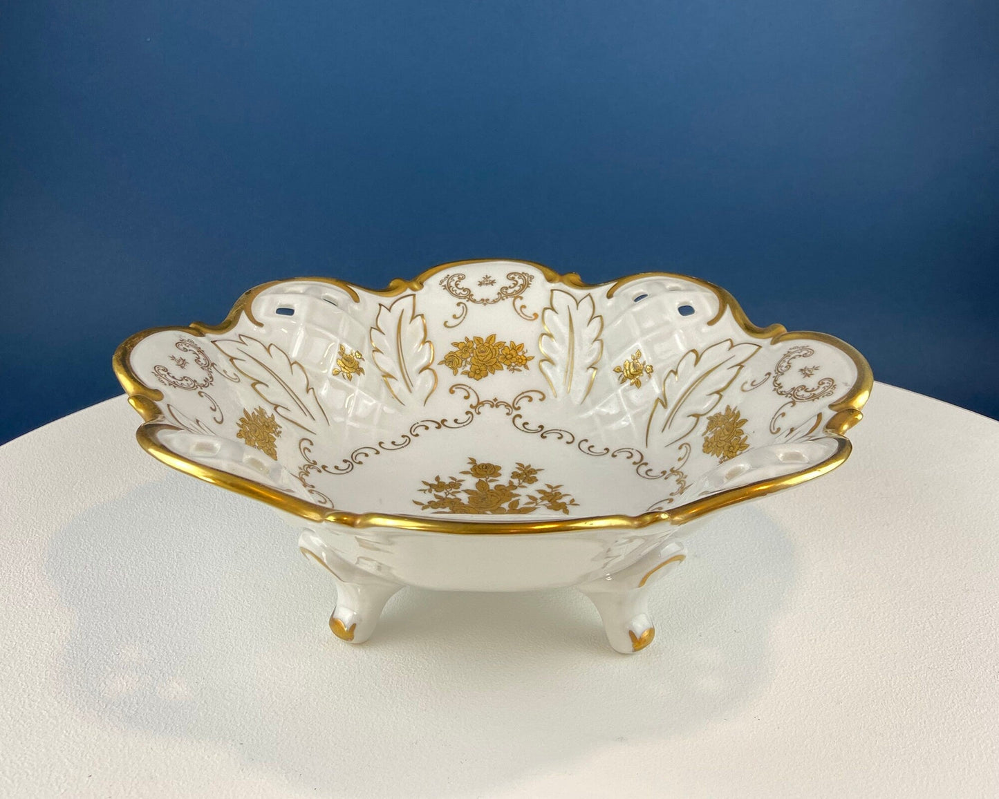 White and Gold Rosenthal Bowl.  Antique Footed Porcelain Serving Dish with Scalloped Rim and Reticulated Motif. Stunning Wedding Gift. - Tampa Home & Garden Store