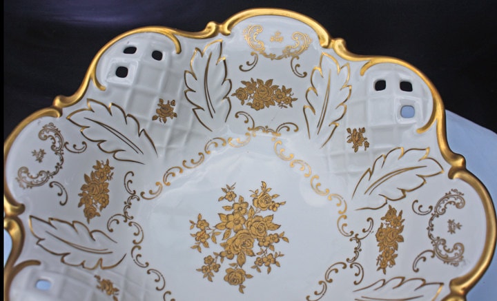 White and Gold Rosenthal Bowl.  Antique Footed Porcelain Serving Dish with Scalloped Rim and Reticulated Motif. Stunning Wedding Gift. - Tampa Home & Garden Store