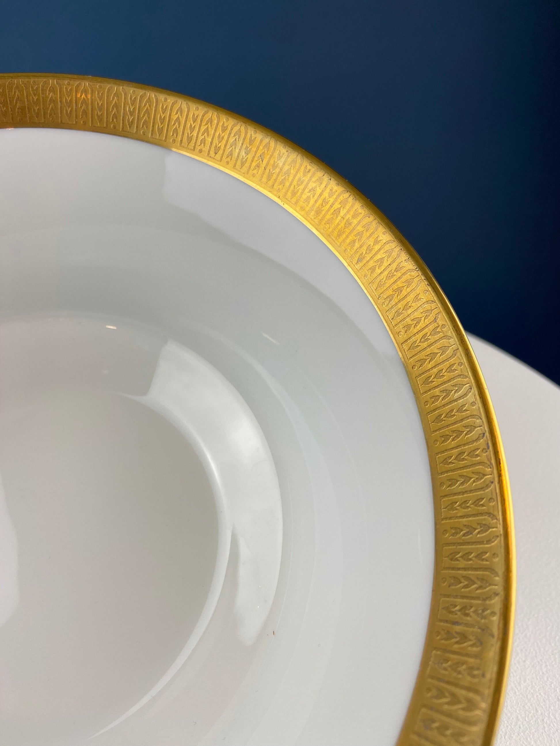 White and Gold Sango Porcelain, Georgetown Bowl. Wedding Band Pattern Porcelain Serving Dish.  Wedding Gift. - Tampa Home & Garden Store