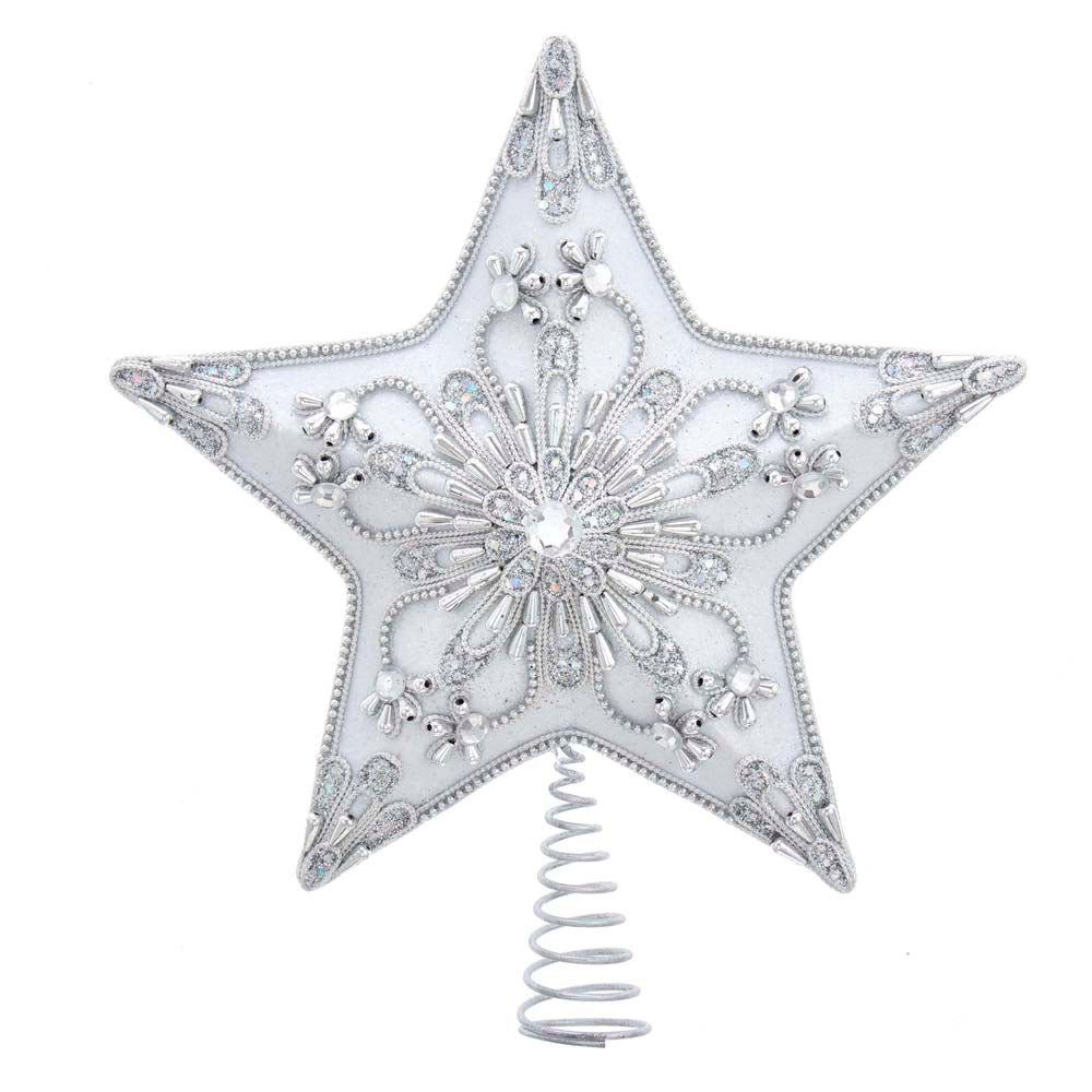 White and Silver Star Treetop - 13 Inch - Tampa Home & Garden Store
