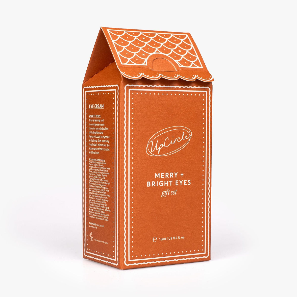 Gift set box: UpCircle Merry + Bright Eyes eye cream, orange packaging with white line art on Tampa Home & Garden Store