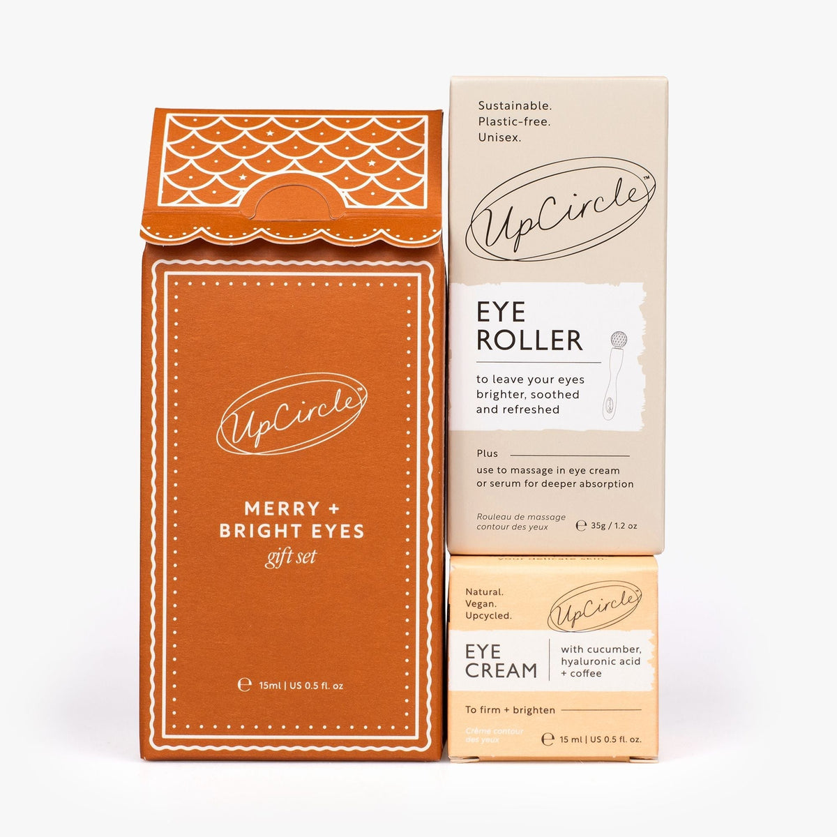 Merry + Bright Eyes Gift Set by UpCircle with orange decorative box and beige eye cream box on Tampa Home & Garden Store