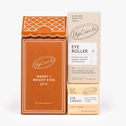 Merry + Bright Eyes Gift Set by UpCircle with orange decorative box and beige eye cream box on Tampa Home & Garden Store