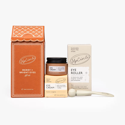 UpCircle Merry + Bright Eyes gift set with orange box, eye cream jar, and eye roller on Tampa Home & Garden Store