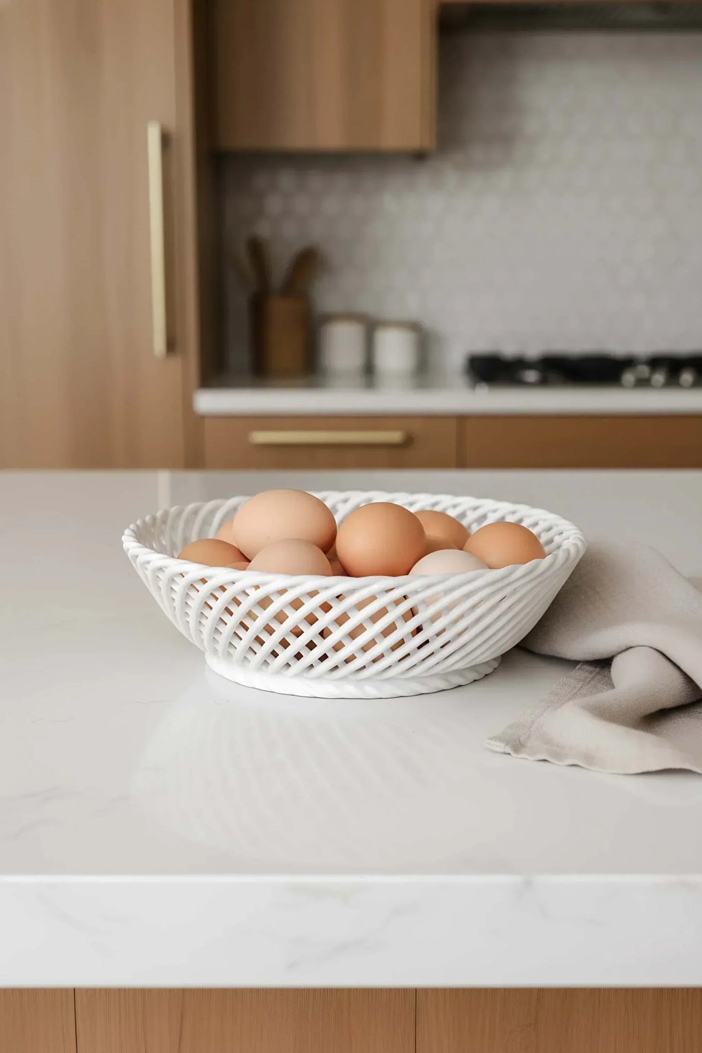 Hand Woven Ceramic Basket in Beige and Pink