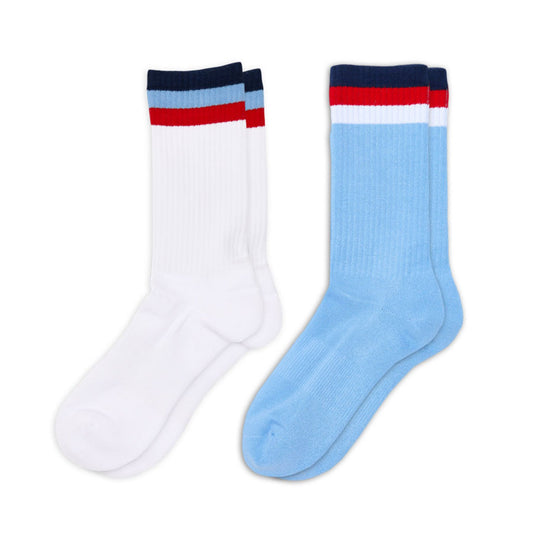 DeadSoxy 3 Stripe Casual Crew Socks 2-Pack white and light blue with navy cuffs and red stripes on Tampa Home & Garden Store