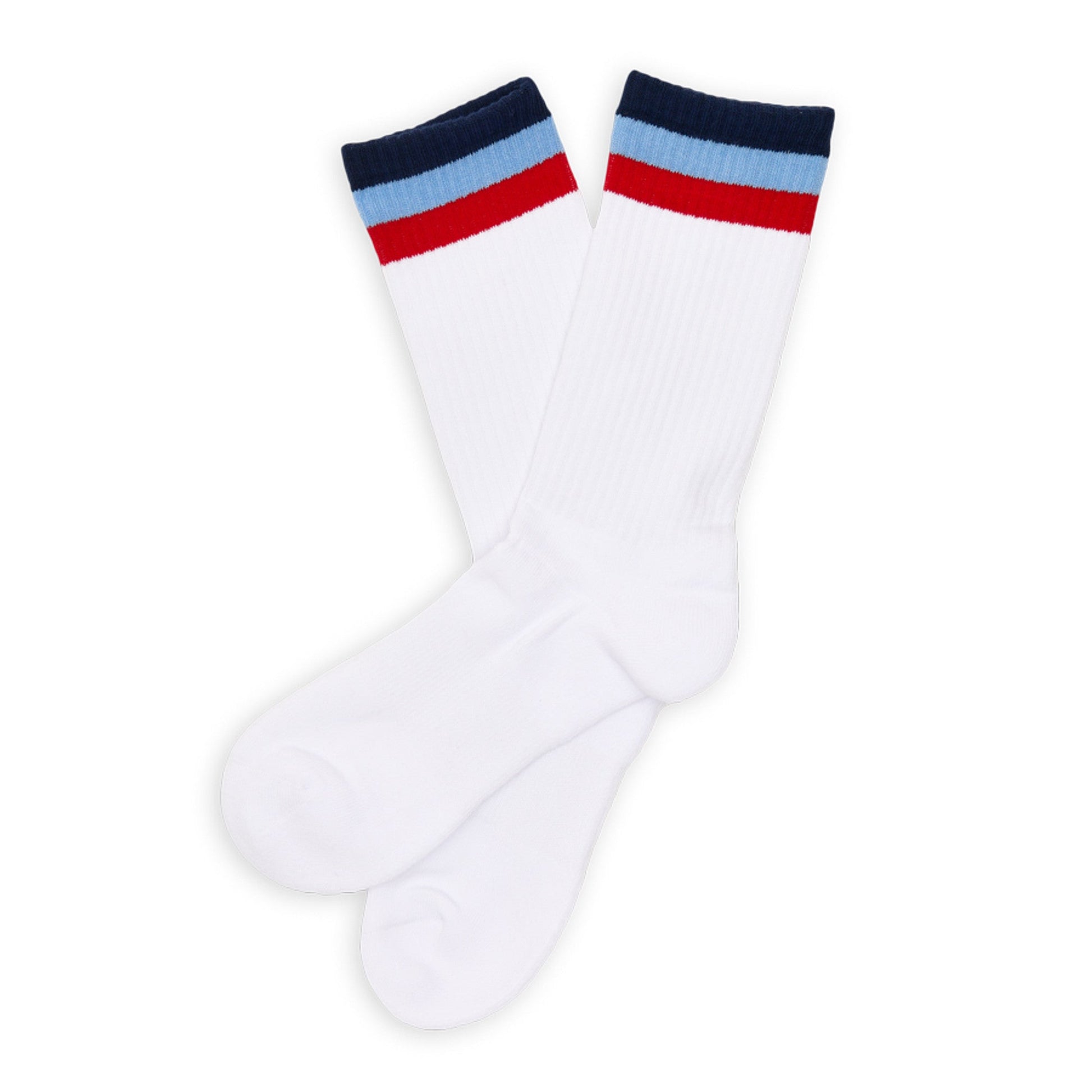 DeadSoxy 3 Stripe Casual Crew Socks 2-Pack white socks with navy cuff, light blue and red stripes on Tampa Home & Garden Store