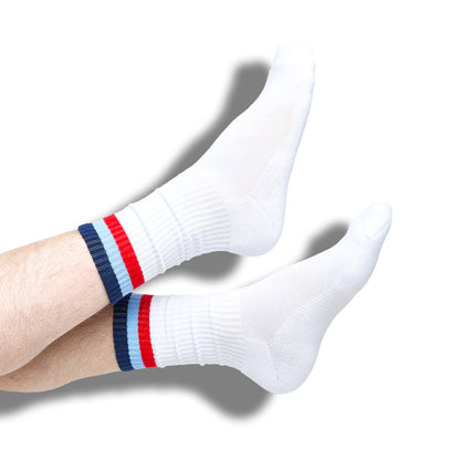 Ole Miss Colonel crew socks white with red and blue striped cuffs two socks shown on Tampa Home & Garden Store