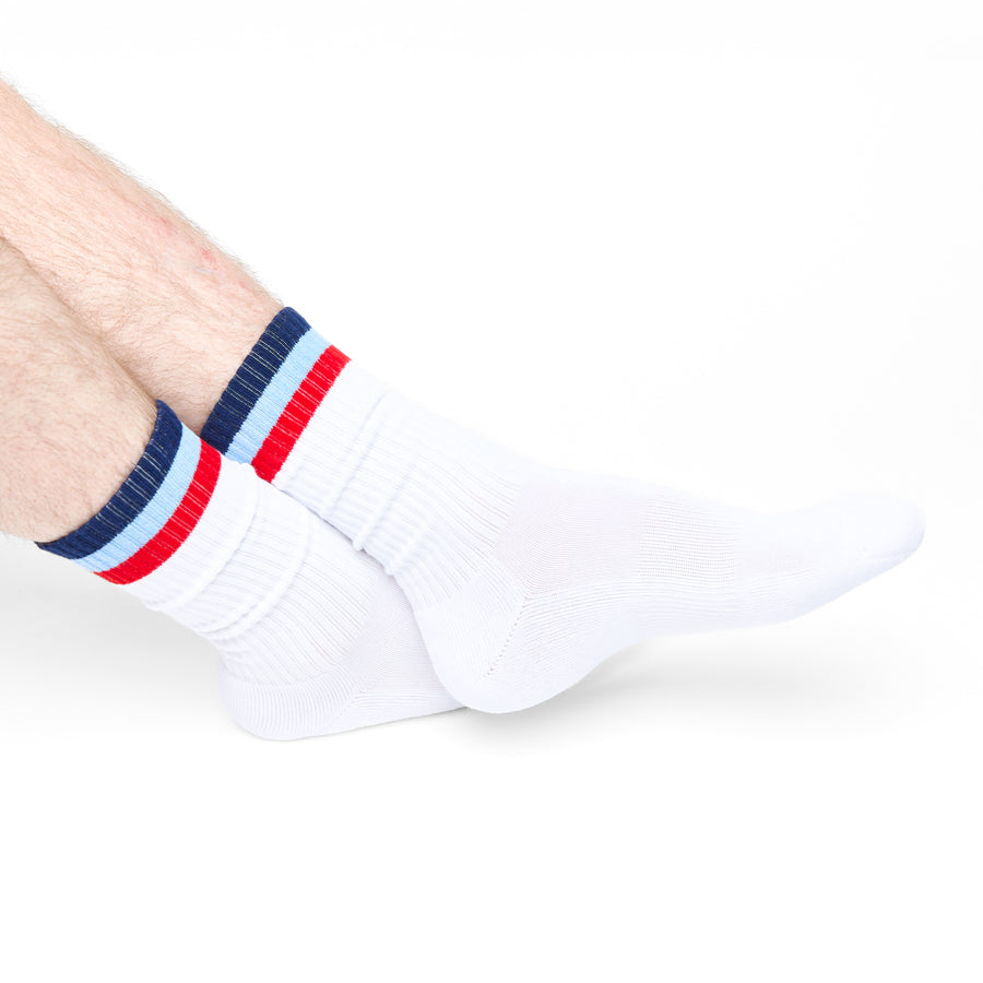 White DeadSoxy crew socks with navy, light blue and red 3-stripe cuff on Tampa Home & Garden Store