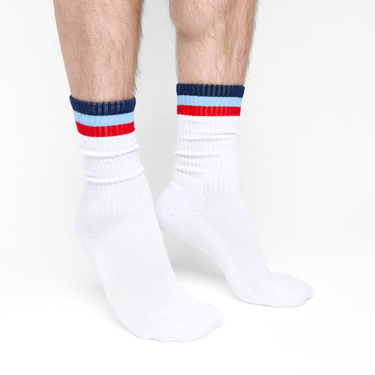 DeadSoxy 3 Stripe Casual Crew Socks 2-Pack team colorways white socks with navy blue, light blue and red stripes on Tampa Home & Garden Store