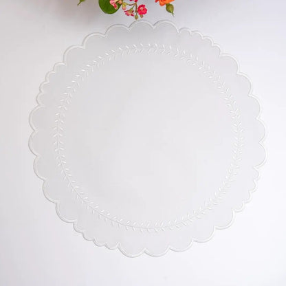 Arrow placemat for dining protection round white placemat with scalloped edge and leafy border on Tampa Home & Garden Store
