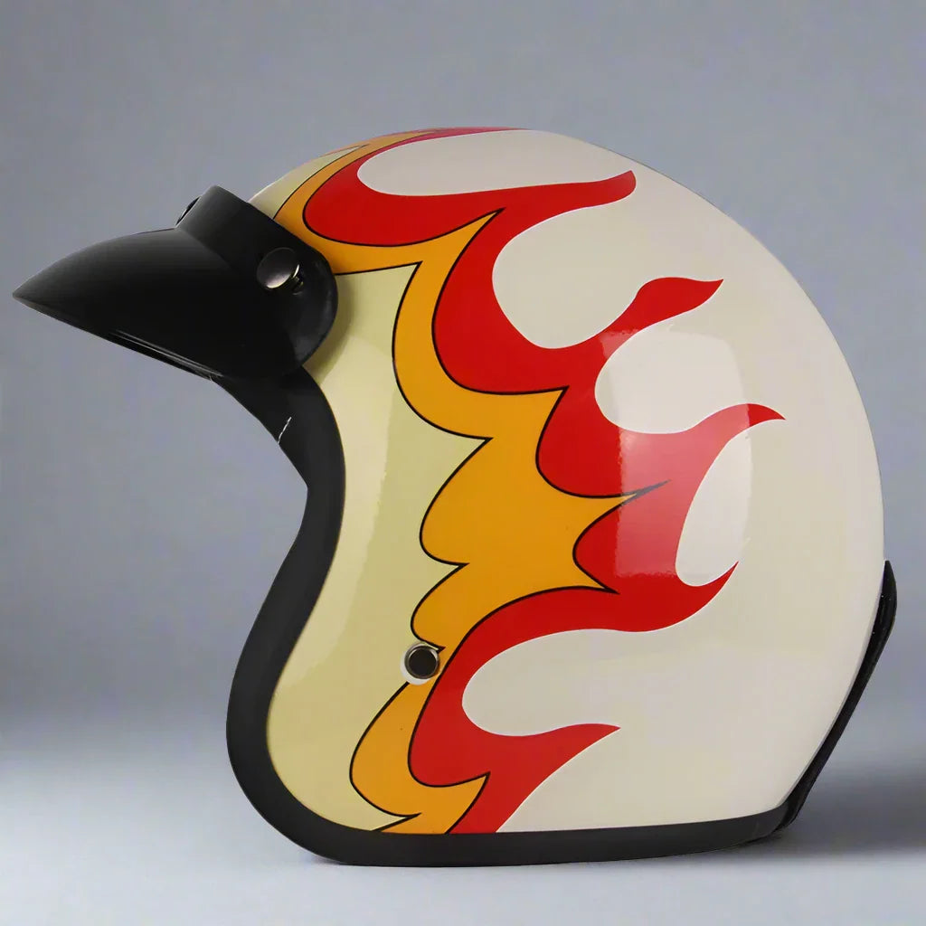 The Flame King vintage open-face helmet by BikerZoneZ in white with red flames, black visor on Tampa Home & Garden Store