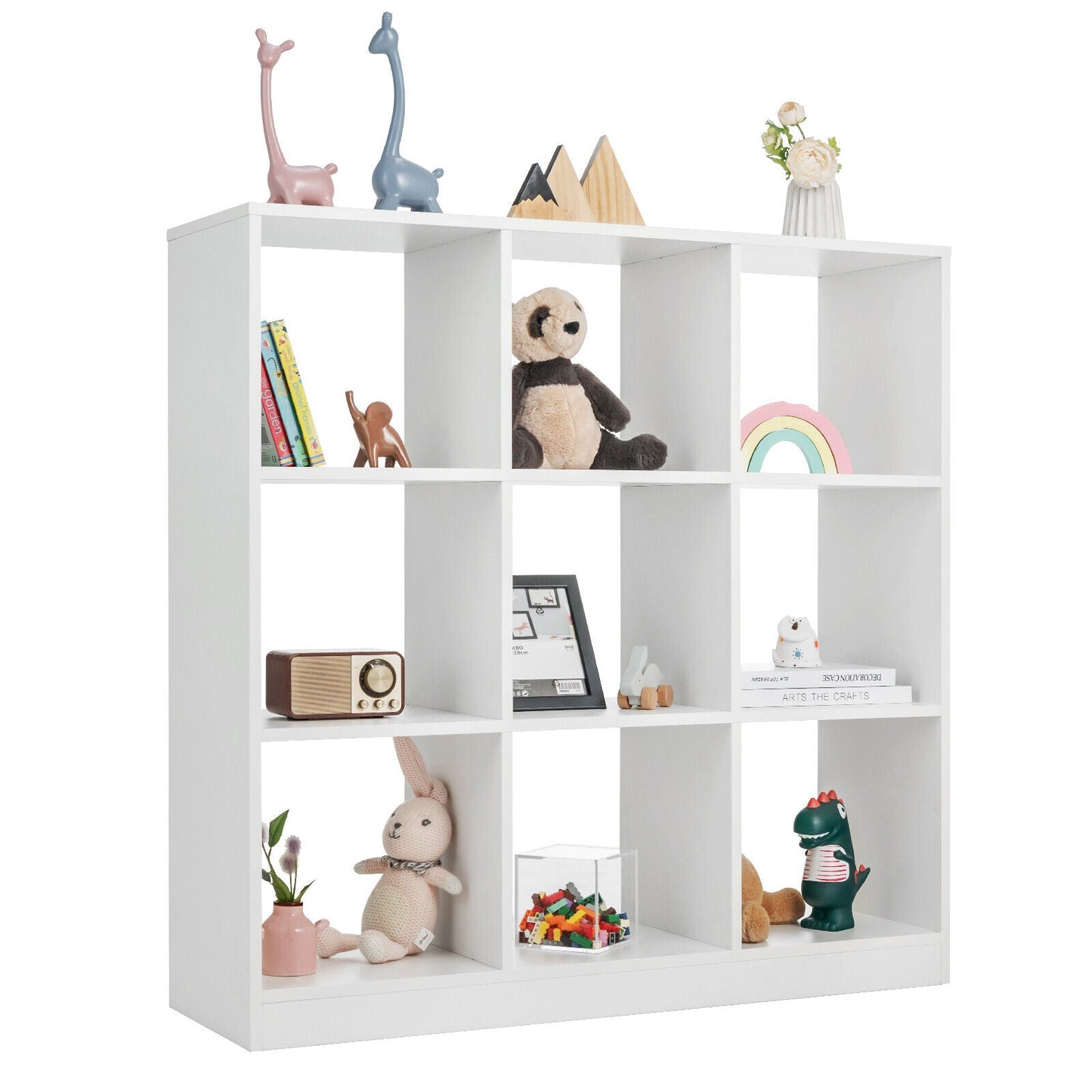 Estantería moderna de 9 cubos con 2 kits antivuelco para libros, juguetes y adornos - Blanca