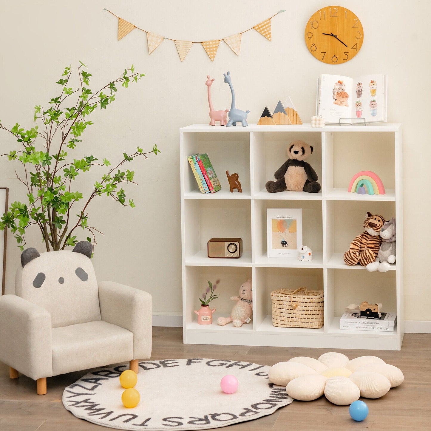 Estantería moderna de 9 cubos con 2 kits antivuelco para libros, juguetes y adornos - Blanca