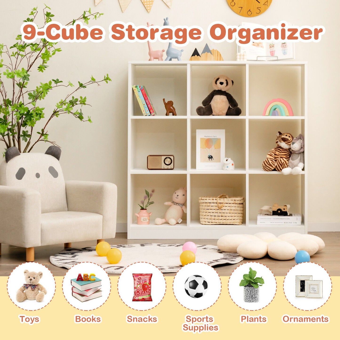 Estantería moderna de 9 cubos con 2 kits antivuelco para libros, juguetes y adornos - Blanca