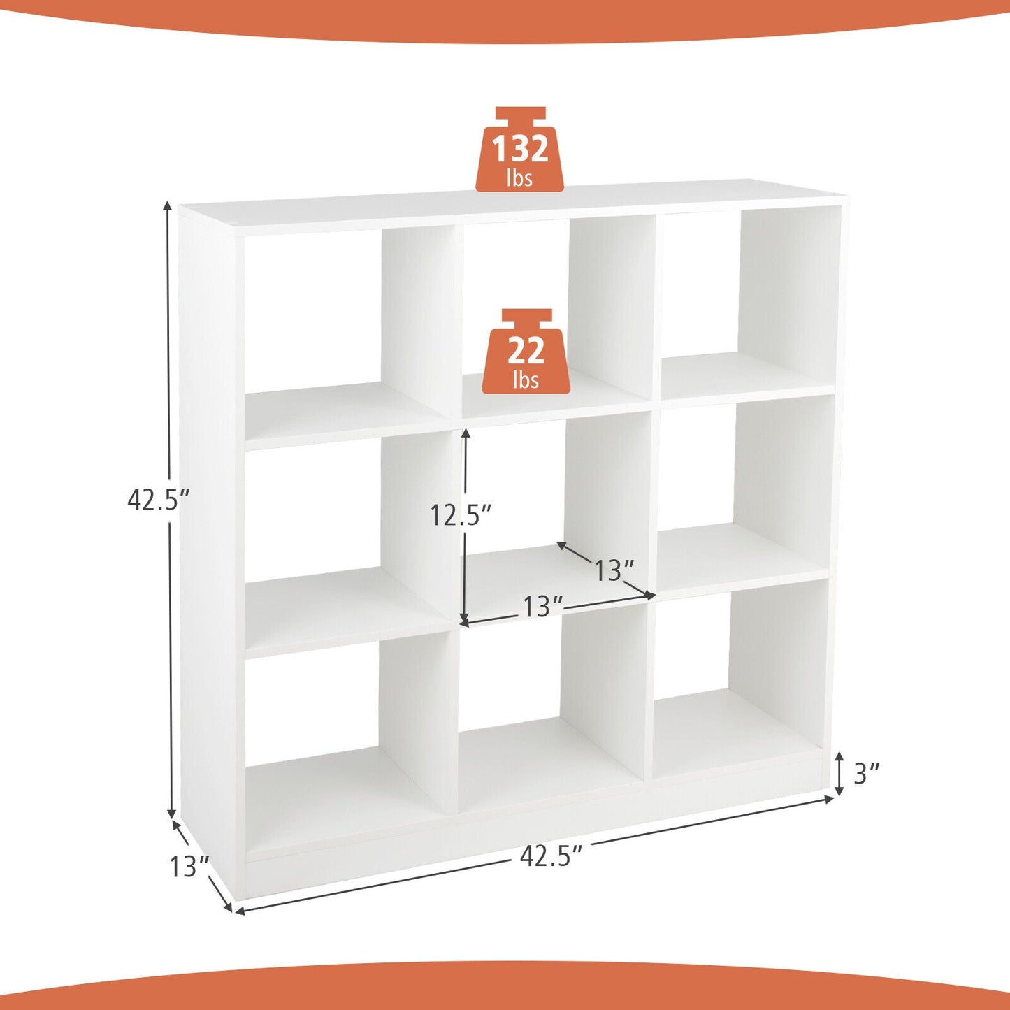 Estantería moderna de 9 cubos con 2 kits antivuelco para libros, juguetes y adornos - Blanca