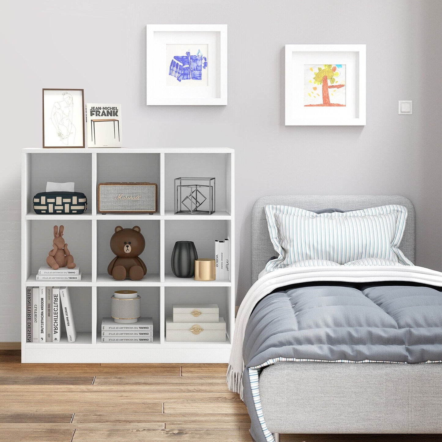 Estantería moderna de 9 cubos con 2 kits antivuelco para libros, juguetes y adornos - Blanca