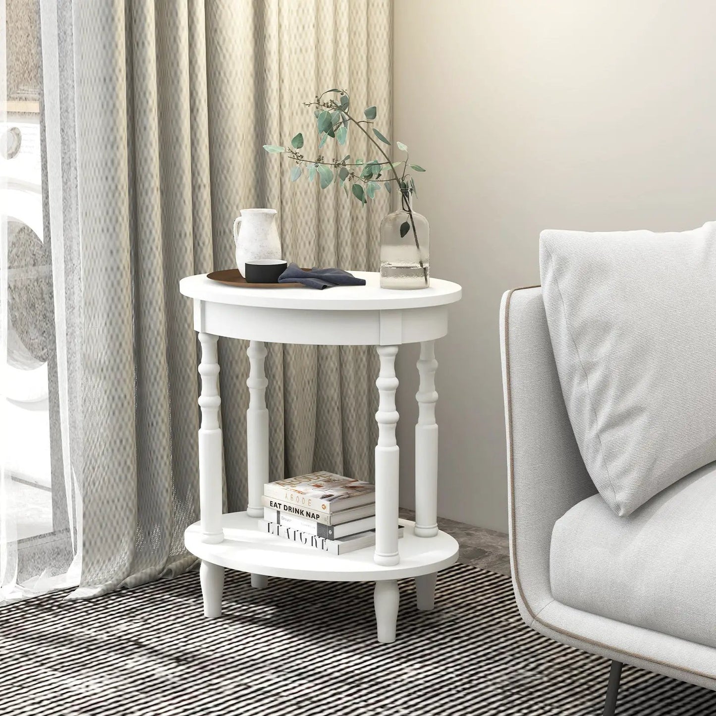Oval Side Table With Storage Shelf and Wood Legs