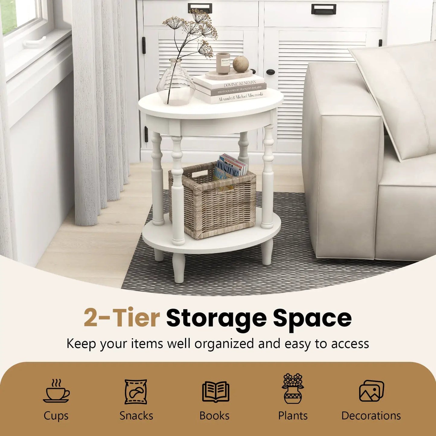 Oval Side Table With Storage Shelf and Wood Legs