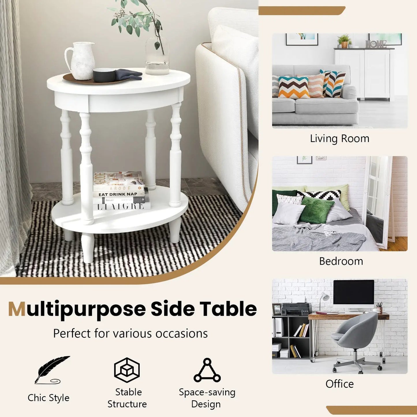 Oval Side Table With Storage Shelf and Wood Legs