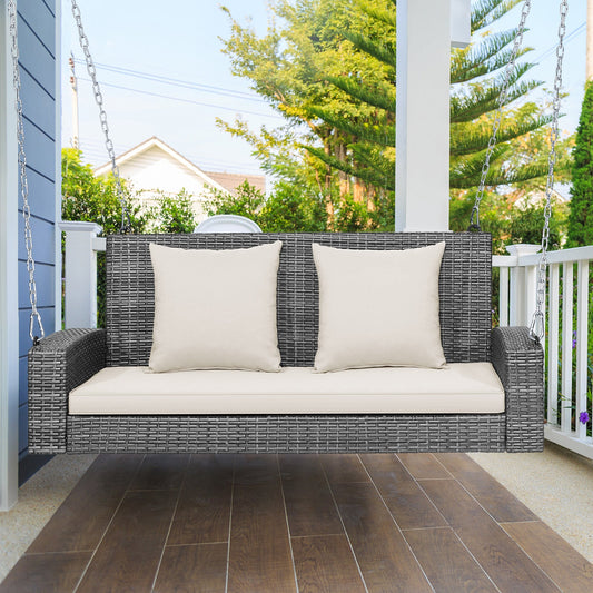 2-Person Patio PE Wicker Hanging Porch Swing Bench Chair Cushion 800 Pounds-White - Tampa Home & Garden Store