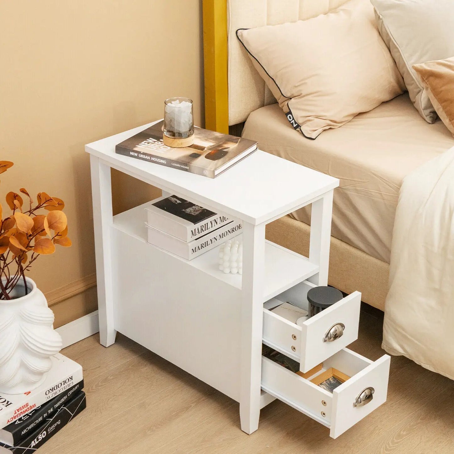 Set of 2 Wooden End Tables with Drawers and Shelf