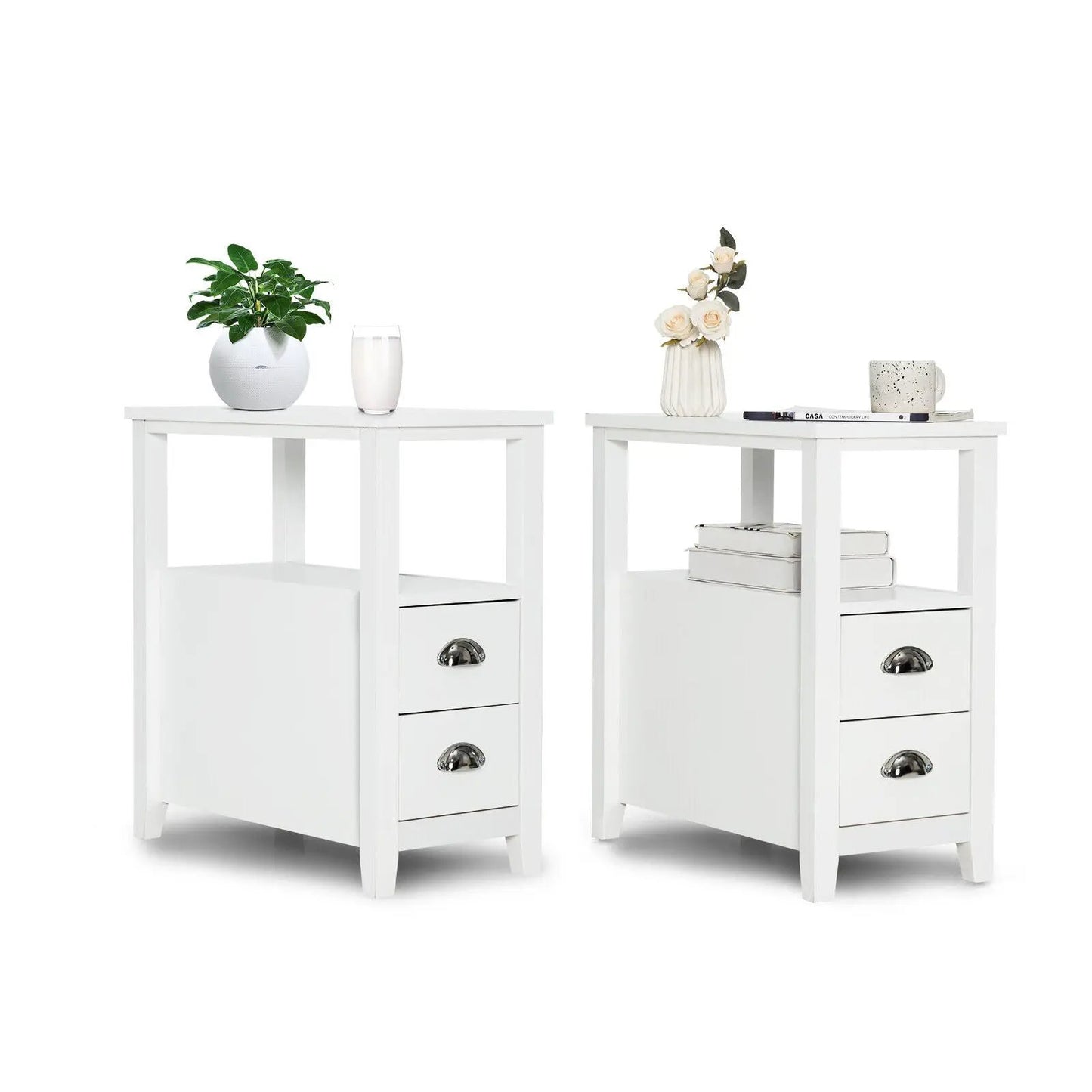 Set of 2 Wooden End Tables with Drawers and Shelf