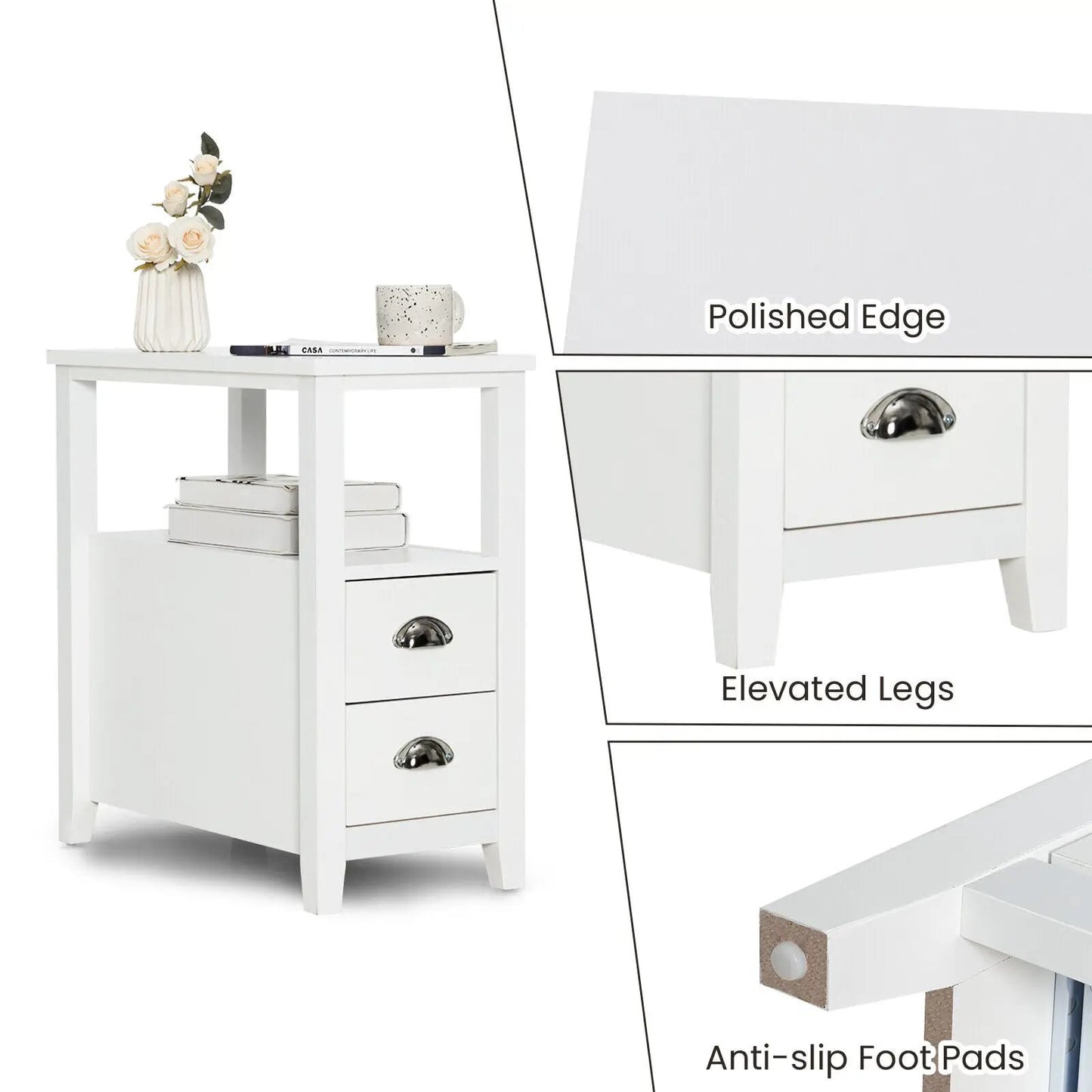 Set of 2 Wooden End Tables with Drawers and Shelf