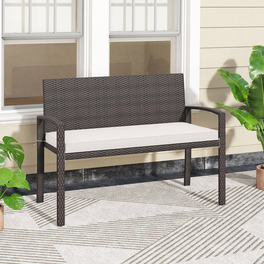 Wicker 2-Seat Bench with Soft Seat Cushion and Metal Frame-White - Tampa Home & Garden Store