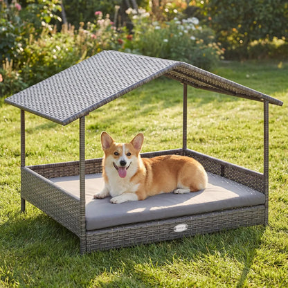 Wicker Dog House Elevated Bed with Canopy