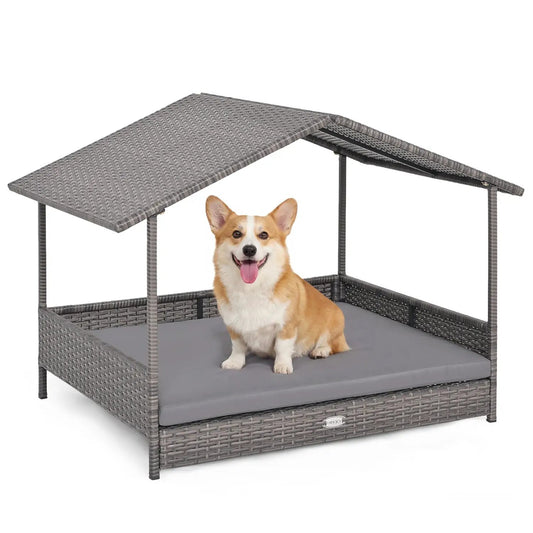 Wicker Dog House Elevated Bed with Canopy
