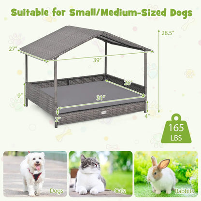 Wicker Dog House Elevated Bed with Canopy