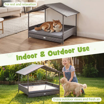 Wicker Dog House Elevated Bed with Canopy