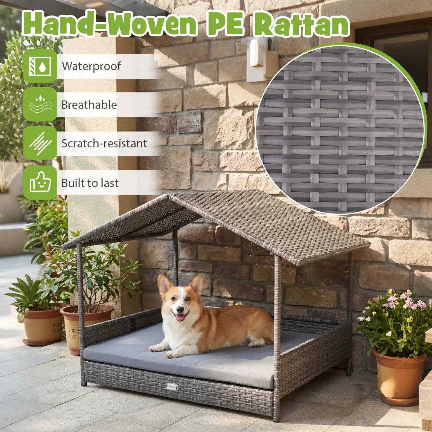 Wicker Dog House Elevated Bed with Canopy