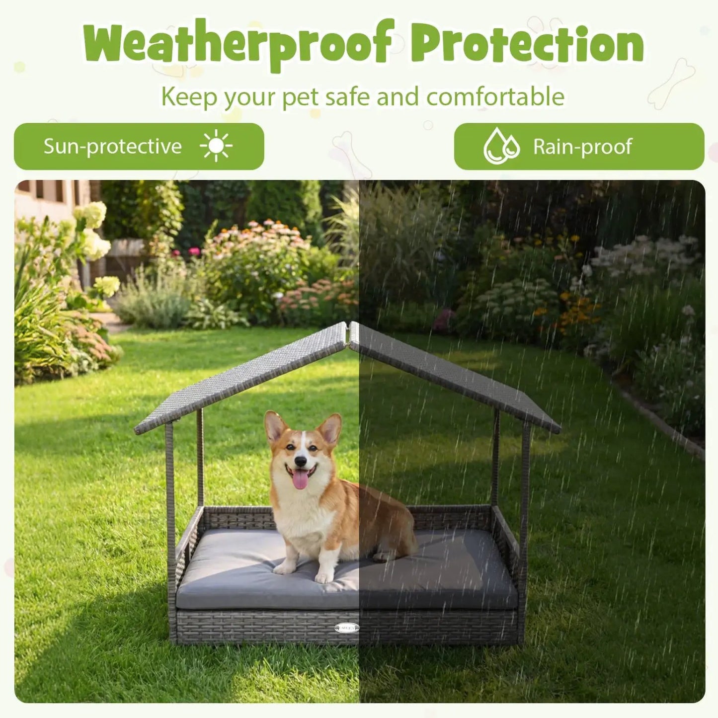 Wicker Dog House Elevated Bed with Canopy