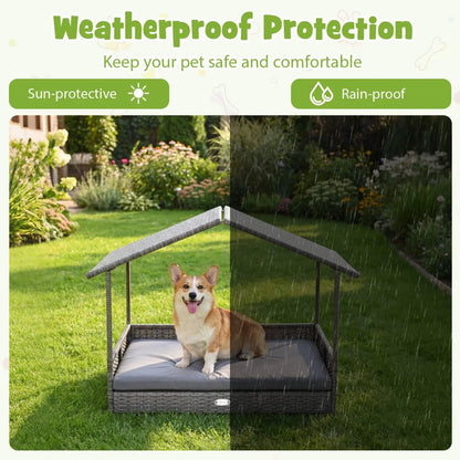 Wicker Dog House Elevated Bed with Canopy